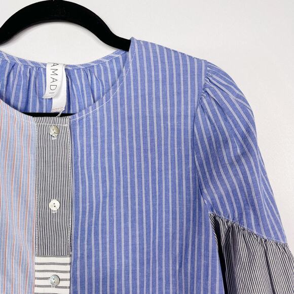Anthropologie Amadi Small Blue Pink Carice Button Down Striped Patchwork Blouse - Picture 3 of 13